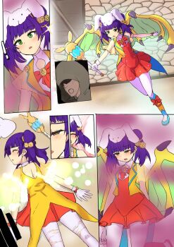 Rule 34 | 1boy, 1girl, alternate costume, animal ears, animal hat, ankle lace-up, blue footwear, blue legwear, bow, bow legwear, capelet, closed eyes, coattails, collarbone, comic, cross-laced clothes, cross-laced legwear, crystal, defeat, dragon girl, dragon wings, dragonstone, dress, esukatoromagia, fainting, fake animal ears, feet out of frame, fighting stance, fire emblem, fire emblem: the sacred stones, fire emblem heroes, flat chest, floral print, flower, from above, full body, gas, gem, gloves, green wings, hair flower, hair ornament, hair tie, half-closed eyes, hat, high-waist skirt, high heels, highres, holding, holding wand, instant loss, kneeling, lapels, long hair, looking down, lying, magical girl, miniskirt, multi-tied hair, multicolored legwear, multiple views, myrrh (fire emblem), nintendo, official alternate costume, on ground, on stomach, open mouth, orange bow, orange dress, outstretched arms, pale skin, pantyhose, parted lips, purple hair, rabbit ears, rabbit hat, red eyes, ribbon, ryona, see-through clothes, short dress, skirt, sleeveless, standing, stone, sunflower, tailcoat, textless version, torn clothes, transformation, twintails, two-sided fabric, unconscious, vest, wand, white gloves, white pantyhose, wings, wizard, yellow vest, yellow wings