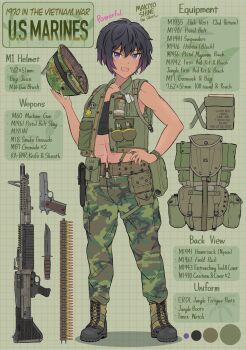 1girl abs backpack bag black_hair blush boots bullet character_name combat_helmet crop_top dog_tags erdl_pattern explosive gray_fullbuster green_vest gun handgun helmet highres holding holding_unworn_helmet jacket knife looking_at_viewer m1_helmet machine_gun makiyo_shine military_jacket military_uniform multicolored_hair muscular muscular_female navel open_mouth original pants peace_symbol reference_sheet reverse_trap shirt short_hair simple_background smile smiley_face solo standing tan text_focus tomboy toned united_states_army united_states_marine_corps unworn_helmet very_short_hair vest vietnam_war weapon