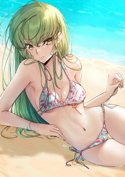 1girl absurdres alternate_costume armpits bare_shoulders beach bikini breasts budgiepon c.c. closed_mouth code_geass commentary_request green_eyes green_hair highres long_hair looking_at_viewer lying medium_breasts multicolored_bikini navel ocean on_side outdoors sand side-tie_bikini_bottom solo stomach swimsuit thighs