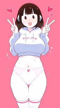 1girl artist_request blunt_bangs blush breasts brown_hair colored_skin copyright_request double_v flat_color furima-chan headphones heart highres hood hood_down hoodie large_breasts mob_face navel nervous_smile open_mouth pink_background short_hair simple_background smile standing sweat v white_skin
