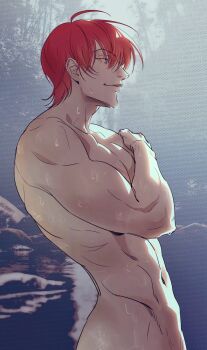 1boy hand_on_own_chest hisoka_morow hunter_x_hunter killua0u0 male_focus muscular muscular_male nude profile solo wet yellow_eyes