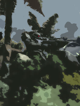 absurdres artist_request gun gundam highres mecha mobile_suit_gundam no_humans palm_tree robot sniper tree weapon zaku zaku_ii