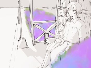 1boy 1girl alternate_costume arms_at_sides blunt_ends breast_pocket bus_stop bush closed_mouth collared_shirt contemporary expressionless eyelashes genshin_impact greyscale height_difference highres long_hair looking_at_another looking_to_the_side monochrome nahida_(genshin_impact) neckerchief pants pleated_skirt pocket pointy_ears pon_oi4 road sailor_collar scaramouche_(genshin_impact) school_uniform serafuku shadow shirt short_sleeves side-by-side side_ponytail sidelocks sideways_mouth sitting sketch skirt split_mouth spot_color tsurime