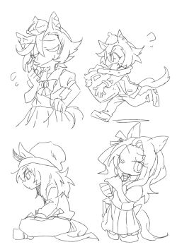 Rule 34 | 3girls, animal ears, beanie, beer hsk, closed eyes, closed mouth, commentary request, crown, ears through headwear, flying sweatdrops, greyscale, hair between eyes, hat, horse ears, horse girl, horse tail, jacket, king halo (umamusume), long hair, mini crown, monochrome, multiple girls, nakayama festa (umamusume), open clothes, open jacket, open mouth, pants, pleated skirt, profile, puffy short sleeves, puffy sleeves, running, school uniform, shirt, short sleeves, simple background, skirt, t.m. opera o (umamusume), tail, tracen school uniform, track jacket, track pants, track suit, umamusume, white background