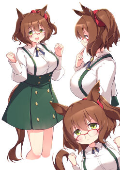 1girl :d :t absurdres animal_ears aston_machan_(casual)_(umamusume) aston_machan_(umamusume) blue_ribbon brown_hair buttons clenched_hands closed_mouth collared_shirt commentary_request ear_ornament frilled_shirt_collar frills glasses green_eyes green_skirt head_tilt highres horse_ears horse_girl kanzakietc long_sleeves looking_at_viewer multiple_views neck_ribbon one_side_up open_mouth over-rim_eyewear pout ribbon semi-rimless_eyewear shirt short_hair simple_background skirt smile suspenders umamusume v-shaped_eyebrows white_background white_shirt