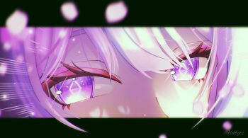 1girl absurdres commentary cyrene_(demiurge)_(honkai:_star_rail) cyrene_(honkai:_star_rail) diamond-shaped_pupils diamond_(shape) english_commentary eye_focus eyeliner falling_petals hair_between_eyes highres honkai:_star_rail honkai_(series) letterboxed lolbyts makeup outside_border petals pink_eyeliner pink_hair pink_petals purple_eyes sideways_glance solo symbol-shaped_pupils twitter_username