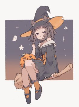 1girl animal_ears blush broom cat_ears cat_girl ghost hat highres looking_at_viewer original pumpkin simple_background skirt uzoumuzo