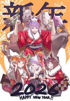 Rule 34 | 2026, 4girls, absurdres, animal ears, blunt bangs, blush, breasts, brown hair, chinese zodiac, closed eyes, closed mouth, creature and personification, ear covers, ear flower, floral print, floral print kimono, flower, fur-trimmed kimono, fur trim, gold ship (racehorse), gold ship (umamusume), grey hair, hair bun, hair flower, hair ornament, hair stick, hairband, happy new year, highres, hime cut, holding, holding fireworks, horse, horse ears, horse girl, japanese clothes, kimono, long hair, long sleeves, looking at viewer, ludus mio, mask, mejiro mcqueen (racehorse), mejiro mcqueen (umamusume), multicolored hair, multiple girls, new year, no tail, obi, open mouth, orange hair, personification, ponytail, print kimono, purple eyes, purple hair, red kimono, sandals, sash, short hair, silence suzuka (racehorse), silence suzuka (umamusume), smile, special week (racehorse), special week (umamusume), squatting, sunday silence (racehorse), teeth, tongue, tongue out, two-tone hair, umamusume, white hair, white hairband, white kimono, wide sleeves, year of the horse