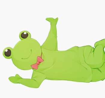 Rule 34 | 1other, ambiguous gender, animal costume, black eyes, bow, bowtie, closed mouth, commentary, english commentary, foot out of frame, frog costume, gekota, highres, looking at viewer, lying, on side, other focus, outstretched arm, red bow, red bowtie, simple background, smile, toaru majutsu no index, vilatile, white background