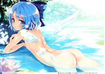 1girl absurdres ass back blue_eyes blue_hair blush bow cirno completely_nude flat_chest flower hair_bow highres ice ice_wings ke-ta light lily_pad loli looking_at_viewer looking_back lying nipples non-web_source nude on_stomach open_mouth partially_submerged short_hair solo touhou translation_request tree_shade water wings