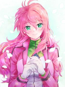 1girl blue_eyes blush breasts celestial_being_uniform feldt_grace flower gloves green_eyes gundam gundam_00 highres jacket large_breasts long_hair pink_hair ponytail shichijou_natori smile solo upper_body