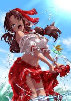 >_< 1girl bird blue_eyes bracelet braid breasts brown_hair crop_top dark-skinned_female dark_skin dated earrings fangs gypsy headband highres hoop_earrings jewelry large_breasts long_hair mocha_(nekoguchi) navel necklace nekoguchi one_eye_closed open_mouth original panties pantyshot puffy_short_sleeves puffy_sleeves red_headband red_skirt shiny_skin shirt short_sleeves signature skirt smile solo surfboard thigh_strap twitter_username underwear water wet wet_clothes white_shirt