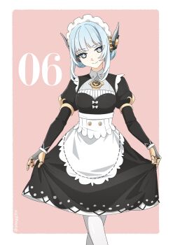 1girl absurdres android apron black_dress blue_hair border closed_mouth clothes_lift commentary countdown dress dress_lift folded_collar genshin_impact highres ineffa_(genshin_impact) joints long_sleeves looking_at_viewer maid maid_apron maid_headdress mechanical_arms pink_background puffy_long_sleeves puffy_sleeves robot robot_ears robot_joints short_hair sidelocks simple_background snegg31 solo thighhighs twitter_username upper_body white_border white_thighhighs