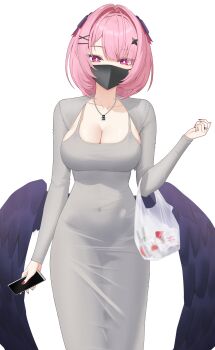Rule 34 | 1girl, 4kebidayo, absurdres, alternate costume, bag, black bow, black mask, black wings, bow, breasts, cleavage, collarbone, commentary request, covered navel, cowboy shot, dongtan dress, dress, grey dress, hair between eyes, hair bow, highres, holding, holding bag, holding phone, jewelry, large breasts, looking at viewer, low wings, mask, medium hair, mouth mask, multicolored nails, necklace, phone, pink eyes, pink hair, purple nails, ramiel (zenless zone zero), red nails, shopping bag, silver ring, simple background, solo, taut clothes, taut dress, tight clothes, tight dress, white background, wings, zenless zone zero