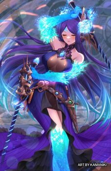 1girl artist_name bare_shoulders belt blue_hair blush breasts brighid_(xenoblade) closed_eyes dress enegry facial_mark fire gears gradient_hair highres holding holding_weapon kamaniki large_breasts long_hair multicolored_hair purple_hair see-through_clothes sword watermark weapon xenoblade_chronicles_(series) xenoblade_chronicles_2