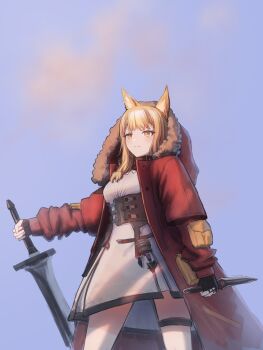 1girl animal_ears arknights arknights:_endfield asymmetrical_dual_wielding black_gloves breasts commentary cosplay cowboy_shot dress dual_wielding fingerless_gloves fur-trimmed_hood fur_trim gloves highres holding holding_knife holding_sword holding_weapon hood hood_down hooded_jacket jacket knife okukin_07 open_clothes open_jacket projekt_red_(arknights) projekt_red_(arknights)_(cosplay) red_jacket rossi_(arknights) small_breasts solo sword weapon white_dress wolf_ears wolf_girl yellow_eyes
