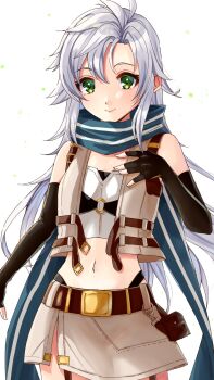 1girl belt_pouch black_sleeves breasts commentary_request curtained_hair double-parted_bangs eiyuu_densetsu fie_claussell floating_scarf green_eyes grey_vest gunblade highres light_smile long_hair looking_at_viewer nu_bo_bo_o pouch scarf sen_no_kiseki_(series) shirt simple_background small_breasts vest weapon white_hair white_shirt