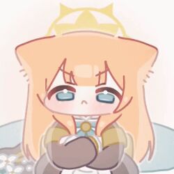 Rule 34 | 1girl, animal ears, animated, animated gif, armband, blue archive, blue eyes, blue neckerchief, chibi, closed eyes, closed mouth, crossed arms, dress, halo, hat, horuhara, long hair, long sleeves, lowres, mari (blue archive), neckerchief, nun, orange hair, pout, puff of air, solo, unworn hat, unworn headwear, yellow armband, yellow halo