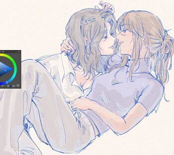 2girls braid brown_background brown_hair clair_obscur:_expedition_33 collarbone color_wheel eye_contact grey_pants hand_on_another&#039;s_shoulder hoj_duck imminent_kiss long_hair looking_at_another lune_(clair_obscur:_expedition_33) medium_hair multiple_girls pants parted_lips purple_shirt scar scar_on_face scar_on_nose sciel_(clair_obscur:_expedition_33) shirt simple_background smile turtleneck turtleneck_shirt white_shirt yuri