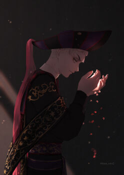 1boy absurdres black_background closed_mouth commentary_request embers from_side grey_hair hat highres long_sleeves looking_at_object male_focus petals rollo_flamme roro_(haru_roro2) short_hair solo striped_hat twisted_wonderland twitter_username upper_body