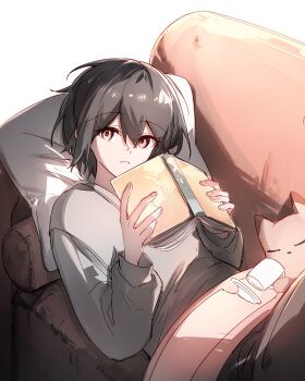 1girl bang_dream! bang_dream!_it&#039;s_mygo!!!!! book brown_eyes couch grey_hair grey_shirt hibioes highres holding holding_book long_sleeves looking_at_viewer lying on_back open_mouth pillow shirt short_hair solo takamatsu_tomori