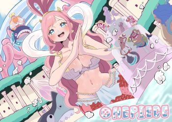 2girls 4boys absurdres beard bikini birthday_cake blonde_hair blue_eyes blush breasts cake commentary copyright_name crossed_arms crown dutch_angle earrings eyelashes facial_hair family fish_hair_ornament food fukaboshi giant giantess hagoromo hair_ornament half_updo highres hoe_(one_piece) jewelry large_breasts long_hair manboshi megalo merfolk mermaid monster_girl multiple_boys multiple_girls navel neptune_(one_piece) nipper_0 one_piece open_mouth orange_hair otohime_(one_piece) ryuuboshi shark sharp_teeth shawl shell shell_earrings shirahoshi sidelocks size_difference swept_bangs swimsuit teeth yellow_bikini