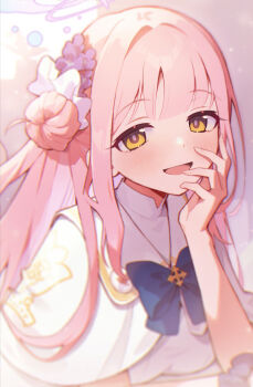 1girl blue_archive blue_bow blush bow breasts capelet commentary_request dress flower gold_trim hair_bun hair_flower hair_ornament hakasesuicchi halo hand_on_own_cheek hand_on_own_face highres long_hair looking_at_viewer medium_breasts mika_(blue_archive) open_mouth pink_hair pink_halo single_hair_bun single_side_bun smile solo upper_body white_capelet white_dress yellow_eyes