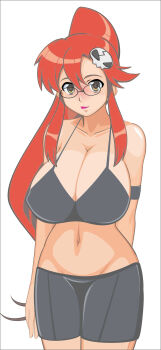 Rule 34 | 00s, 1girl, absurdres, bikini, bikini top only, breasts, cleavage, female focus, glasses, hair ornament, hairclip, highres, huge breasts, long hair, looking at viewer, navel, ponytail, red hair, solo, swimsuit, tengen toppa gurren lagann, yellow eyes, yoko littner