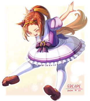 1girl animal_ears blush bow bowtie breasts brown_hair commentary_request creape ear_ornament full_body gold_hairband hairband highres horse_ears horse_girl horse_tail large_breasts long_hair open_mouth pleated_skirt ponytail puffy_short_sleeves puffy_sleeves purple_bow purple_bowtie purple_shirt sailor_collar sailor_shirt sakura_bakushin_o_(umamusume) school_uniform shirt shoes short_sleeves skirt smile solo tail teeth thighhighs tracen_school_uniform umamusume white_sailor_collar white_skirt white_thighhighs