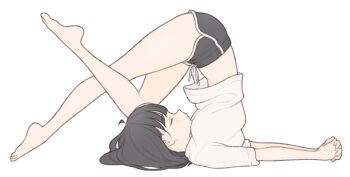 1girl 1ssakawaguchi absurdres barefoot black_shorts bob_cut brown_hair closed_eyes closed_mouth crossed_legs dolphin_shorts feet flexible from_side full_body highres ichika_(1ssakawaguchi) legs legs_over_head light_blush midriff original shirt short_hair short_shorts shorts shoulderstand simple_background solo t-shirt thighs white_background white_shirt yoga