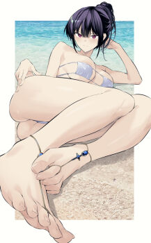1girl ankle_ring beach bikini black_hair eyepatch_bikini feet foot_focus haite_kudasai_takamine-san hiiragi_yuuichi jewelry lying mask_bikini ocean on_side ponytail swimsuit takamine_takane thighs toe_ring toenails