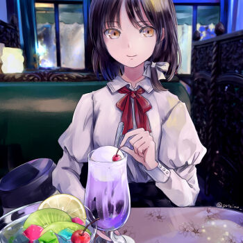 1girl anmitsu_(dessert) black_hat booth_seating brown_hair cafe cherry collared_shirt dating dessert food fruit hat hat_ribbon ice_cream ice_cream_float indoors jelly_cube juliet_sleeves kiwi_(fruit) kiwi_slice long_sleeves neck_ribbon parfait poteimo_(poteimo622) pov_across_table puffy_sleeves red_ribbon ribbon shirt short_hair solo sweets touhou twitter_username unworn_headwear usami_renko white_shirt