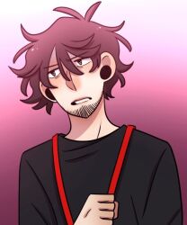 Rule 34 | 1boy, ahoge, black shirt, brown background, brown eyes, brown hair, down to earth, hand up, kade (down to earth), long hair, long sleeves, looking to the side, open mouth, shirt, solo, tongue