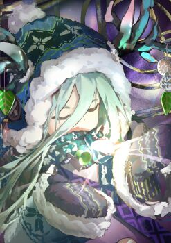 Rule 34 | 1girl, antler ornament, antlers, beanie, bell, blue hat, blue scarf, closed eyes, covered mouth, djzmgybj, dress, fate/grand order, fate (series), fur-trimmed headwear, fur-trimmed sleeves, fur trim, green hair, hair between eyes, hat, horns, horns through headwear, long hair, long sleeves, louhi (fate), louhi (second ascension) (fate), mittens, pom pom (clothes), pom pom beanie, purple mittens, scarf, scarf over mouth, solo, sweater, sweater dress, upper body, white sweater