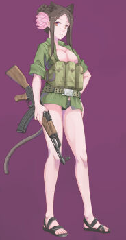 1girl absurdres ak-47 ammunition_pouch assault_rifle bare_legs belt belt_buckle black_panties black_sandals breasts brown_eyes brown_hair buckle cleavage flower green_jacket gun hair_bun hair_flower hair_ornament highres holding holding_gun holding_weapon jacket kalashnikov_rifle large_breasts load_bearing_equipment military_combat_uniform military_uniform muv-luv muv-luv_alternative nguyen_tam_lee no_pants open_clothes open_jacket panties people's_army_of_vietnam pham_thi_ran pink_flower pouch purple_background rifle sandals schwarzesmarken sidelocks sleeves_rolled_up smile star_(symbol) thighs toeless_legwear underwear weapon