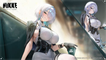 1girl absurdres black_choker black_corset black_gloves blue_eyes blush breasts brid_(nikke) brid_(silent_track)_(nikke) chest_harness choker coffee collared_shirt colored_inner_hair copyright_name copyright_notice corset couch cup disposable_coffee_cup disposable_cup dress_shirt earrings gloves goddess_of_victory:_nikke hair_over_one_eye half_gloves harness highres hoop_earrings jacket jacket_on_shoulders jewelry large_breasts long_hair multicolored_hair multiple_views official_art pants shirt sideboob sideless_shirt sitting sleeveless sleeveless_shirt smile standing tight_clothes tight_pants very_long_hair white_pants white_shirt