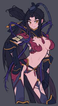 1girl armor black_gloves black_hair black_hat black_thighhighs breasts elbow_gloves fate/grand_order fate_(series) garter_belt gloves hacco_mayu hair_bun hat highres japanese_armor kote long_hair looking_at_viewer medium_breasts navel orange_eyes parted_bangs shoulder_armor side_ponytail sidelocks single_side_bun sode taira_no_kagekiyo_(fate) taira_no_kagekiyo_(third_ascension)_(fate) tassel thighhighs torn_clothes ushiwakamaru_(fate) very_long_hair