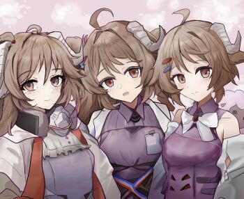 3girls ahoge ardelia_(arknights) arknights arknights:_endfield bare_shoulders bow bowtie brown_eyes brown_hair closed_mouth collared_shirt commentary_request curled_horns eyjafjalla_(arknights) eyjafjalla_the_hvit_aska_(arknights) grey_horns highres horns lastmatch500 long_hair looking_at_viewer multiple_girls multiple_persona open_mouth pink_eyes purple_shirt sheep_girl sheep_horns shirt short_hair smile upper_body white_bow white_bowtie