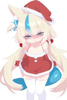 1girl :3 ahoge animal_ears aqua_eyes blonde_hair blue_hair blue_ribbon blush cat_ears cat_girl christmas collarbone dress fins fish_girl fish_tail flat_chest fur-trimmed_dress fur-trimmed_gloves fur-trimmed_headwear fur_trim gloves hair_ornament hair_ribbon hat indie_virtual_youtuber kukuchi581 loli long_hair looking_at_viewer low_twintails multicolored_hair pom_pom_(clothes) red_dress red_gloves red_hat ribbon sameko_saba santa_costume santa_dress santa_hat side_ponytail sleeveless sleeveless_dress smile standing streaked_hair tail thighhighs twintails virtual_youtuber white_background white_thighhighs wide_hips
