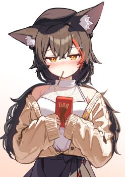 1girl absurdres animal_ears beret black_hair black_hat black_skirt blush box brown_cardigan cardigan check_commentary commentary_request deaver double-parted_bangs food food_in_mouth hair_ornament hairclip halter_shirt halterneck hat high-waist_skirt highres holding holding_box hololive jewelry looking_at_viewer low_twintails multicolored_hair necklace nose_blush off_shoulder official_alternate_costume official_alternate_hairstyle ookami_mio ookami_mio_(street) pocky pocky_day pocky_in_mouth red_hair shirt simple_background skirt sleeveless sleeveless_shirt sleeves_past_wrists solo straight-on streaked_hair twintails virtual_youtuber white_background white_shirt wolf_ears wolf_girl x_hair_ornament yellow_eyes