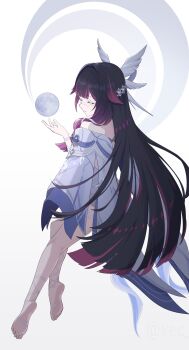 Rule 34 | 1girl, absurdres, barefoot, black hair, closed eyes, columbina (genshin impact), commentary request, dress, eye mask, full body, genshin impact, hair over shoulder, head wings, highres, long hair, mask, moon, multicolored hair, off-shoulder dress, off shoulder, pink hair, soles, solo, thigh strap, two-tone hair, vec ka, very long hair, white background, white dress, white wings, wings