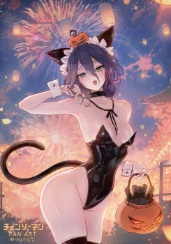 1girl absurdres aerial_fireworks alternate_costume animal_ears black_choker black_leotard black_ribbon breasts cat_ears cat_tail chainsaw_man choker dynamite explosive fake_animal_ears fake_tail fireworks green_eyes grenade_pin hair_between_eyes highleg highleg_leotard highres inging823 leotard looking_at_viewer night outdoors purple_hair reze_(chainsaw_man) ribbon small_breasts solo strapless strapless_leotard tail wrist_cuffs