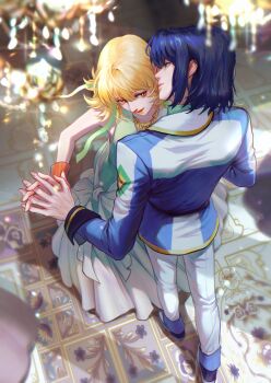 1boy 1girl athrun_zala blonde_hair blue_hair blue_jacket brown_eyes cagalli_yula_athha chandelier couple dancing dress from_above gold_necklace green_dress green_eyes gundam gundam_seed gundam_seed_freedom hair_between_eyes hetero highres holding_hands inhouhou jacket jewelry long_dress medium_hair military_jacket necklace pants parted_lips sleeveless sleeveless_dress smile white_pants
