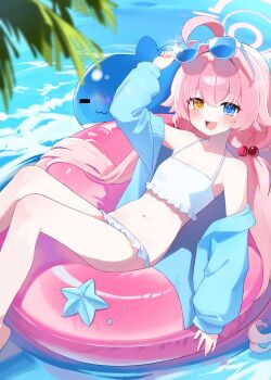 1girl absurdres adjusting_eyewear afloat ahoge bikini blue-tinted_eyewear blue_archive blue_eyes blue_jacket blush commentary_request eyewear_on_head frilled_bikini frills hair_bobbles hair_ornament halo hand_on_eyewear hand_up heterochromia highres hoshino_(blue_archive) hoshino_(swimsuit)_(blue_archive) inflatable_toy inflatable_whale jacket jacket_partially_removed long_hair looking_at_viewer low_twintails lying matgandaramjwi navel official_alternate_costume on_innertube open_clothes open_jacket open_mouth outdoors pink_hair pink_halo smile solo sunglasses swimsuit tinted_eyewear twintails white-framed_eyewear white_bikini yellow_eyes