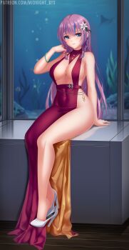 1girl absurdres blue_eyes blue_hair bracelet braid breasts cleavage covered_navel dress evening_gown flower gold_dress hair_flower hair_ornament high_heels highres jewelry large_breasts long_hair looking_at_viewer midnight_(banyex) multicolored_hair necklace no_panties original purple_hair red_dress sideboob sitting solo streaked_hair twin_braids two-sided_dress two-sided_fabric two-tone_hair watermark web_address