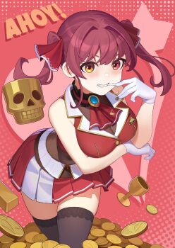 1girl arm_under_breasts ascot biting biting_glove breasts cleavage coin cropped_jacket dokuro-kun_(houshou_marine) english_text gloves gold_coin hair_ribbon halftone halftone_background heart heterochromia highres hololive houshou_marine houshou_marine_(1st_costume) jacket leotard leotard_under_clothes looking_at_viewer pile_of_coins pink_background pleated_skirt red_ascot red_eyes red_hair red_jacket red_ribbon ribbon rumbee see-through_clothes see-through_leotard skirt sleeveless sleeveless_jacket smile solo thighhighs twintails virtual_youtuber white_gloves yellow_eyes