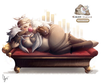 1girl absurdres black_pantyhose blush bracelet breasts brown_dress brown_eyeshadow brown_gloves brown_headband brown_shoes cleavage couch dress endifi fat full_body fur_scarf gen_3_pokemon gloves half-closed_eyes hand_fan headband highres jewelry large_breasts lounging lying nintendo on_side pantyhose pearl_bracelet personification pokemon pokemon_(creature) reference_inset scarf shoes slaking solo white_hair white_scarf