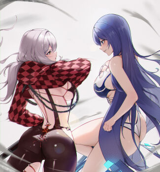 2girls absurdres ass body_chain bodysuit checkered_clothes checkered_shrug clothing_cutout elias2art from_behind goddess_of_victory:_nikke highres latex latex_bodysuit multiple_girls raven_(stellar_blade) red_shrug scarlet_(nikke) scarlet_(racer&#039;s_high)_(nikke) shift_up shrug_(clothing) sideless_outfit stellar_blade thigh_cutout