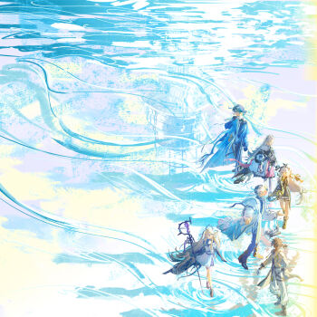 3boys 3girls absurdres arknights black_hair blonde_hair blue_hair boots coat contrapposto dress elysium_(arknights) highres holding holding_lamp holding_staff indigo_(arknights) irene_(arknights) jacket lighthouse long_hair lumen_(fantasy_earth_zero) lyylinkong medium_hair multicolored_hair multiple_boys multiple_girls ponytail reaching reaching_towards_another reflection ripples serious short_hair skirt smile staff standing standing_on_liquid thorns_(arknights) thorns_the_lodestar_(arknights) two-tone_hair very_wide_shot walking waves weedy_(arknights) white_hair yellow_eyes