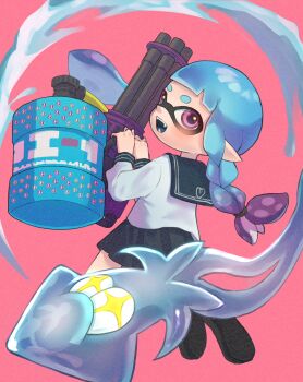+_+ 1girl black_footwear black_skirt blue_hair braid commentary_request full_body gradient_hair gun heavy_splatling_(splatoon) highres holding holding_gun holding_weapon inkling inkling_girl inkling_player_character kraken_(splatoon) long_hair looking_back low-tied_long_hair multicolored_hair nastar_r0 nintendo open_mouth pink_background pointy_ears purple_hair side_braid simple_background skirt smile splatoon_(series) splatoon_3 squid teeth tentacle_hair thick_eyebrows two-tone_hair weapon